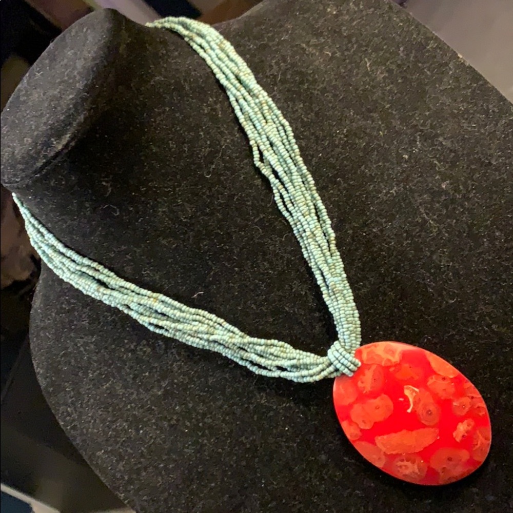 Hand beaded turquoise and red necklace